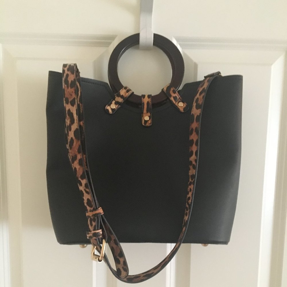Black  Faux leather shoulder Tote Purse leopard strap trim